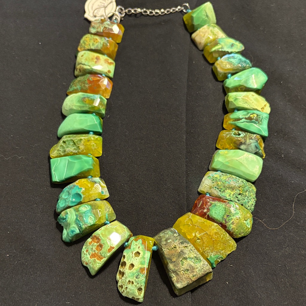 Collector Designer Chunky Green/Yellow Agate Sterling Designer Necklace